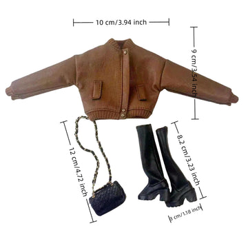AQQeenmiu Fashion Doll Outfit Set, Bomber Jacket with Combat Boots and Chain Bag, for 11.5-12 inch Dolls, 1/6 BJD (Brown Bomber Jacke)