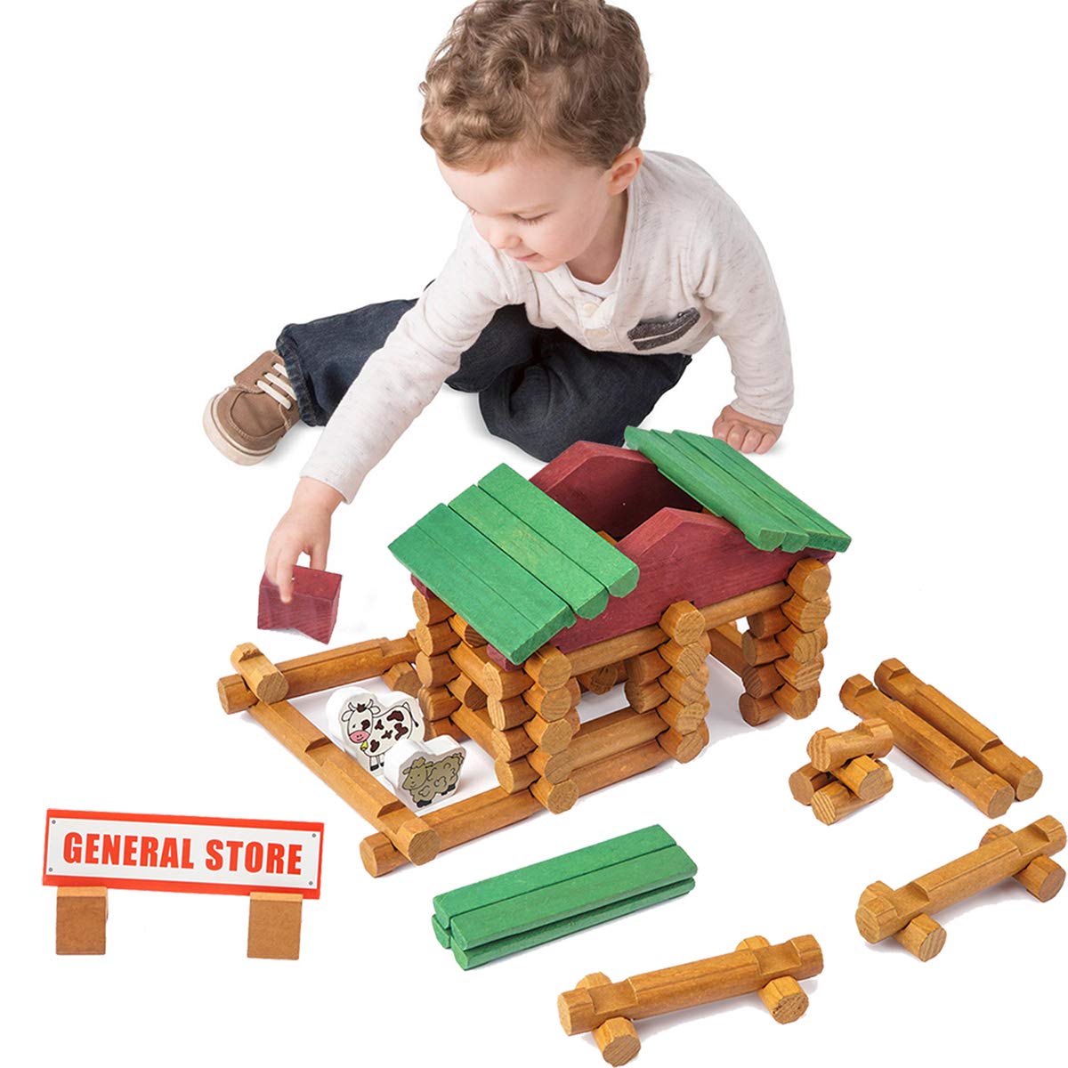 Joqutoys 170 PCS Classic Building Log Toys, Wood Logs Set Set for Boy, Creative Construction Educational Gift for Kids Ages 3+