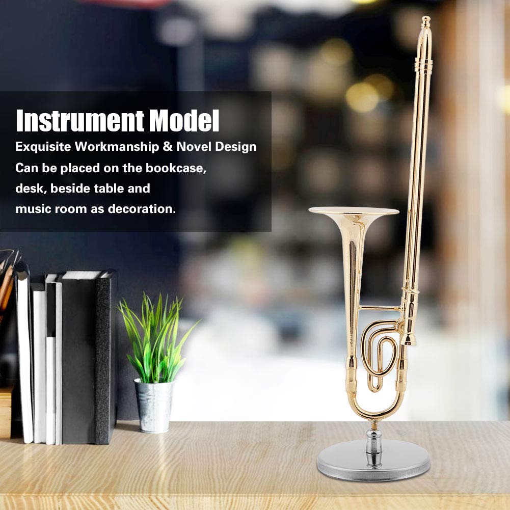 Trombon Miniatura Trombone Ornament Miniature Musical Instrument Trombone Model With Supoort And Case For Dollhouse Music Room Decoration