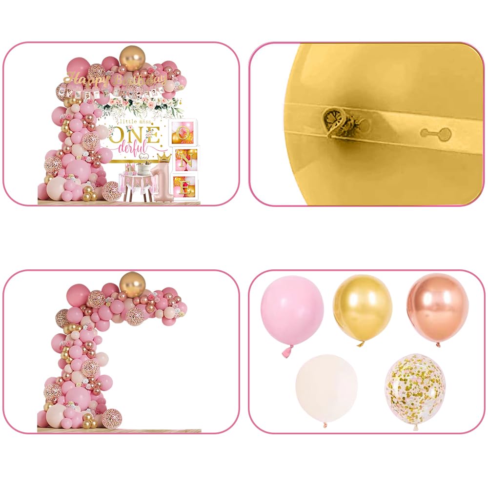 Baby Girl 1st Birthday Decorations Supplies - Balloon Boxes, Pink Gold Balloons Garland Arch Kit?Party Backdrop, High Chair Banner, Crown, Photo