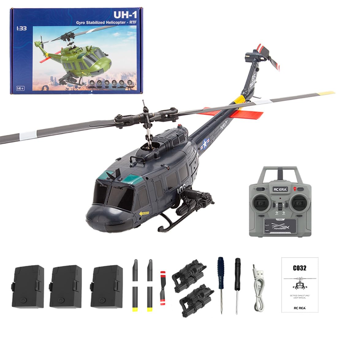 OBIOCKIDAY 1/48 UH-1 RC Helicopter C032, 2.4G 6CH Flybarless Aileronless Stunt Remote Control Helicopter 3 Batteries, Optical Flow Positioning