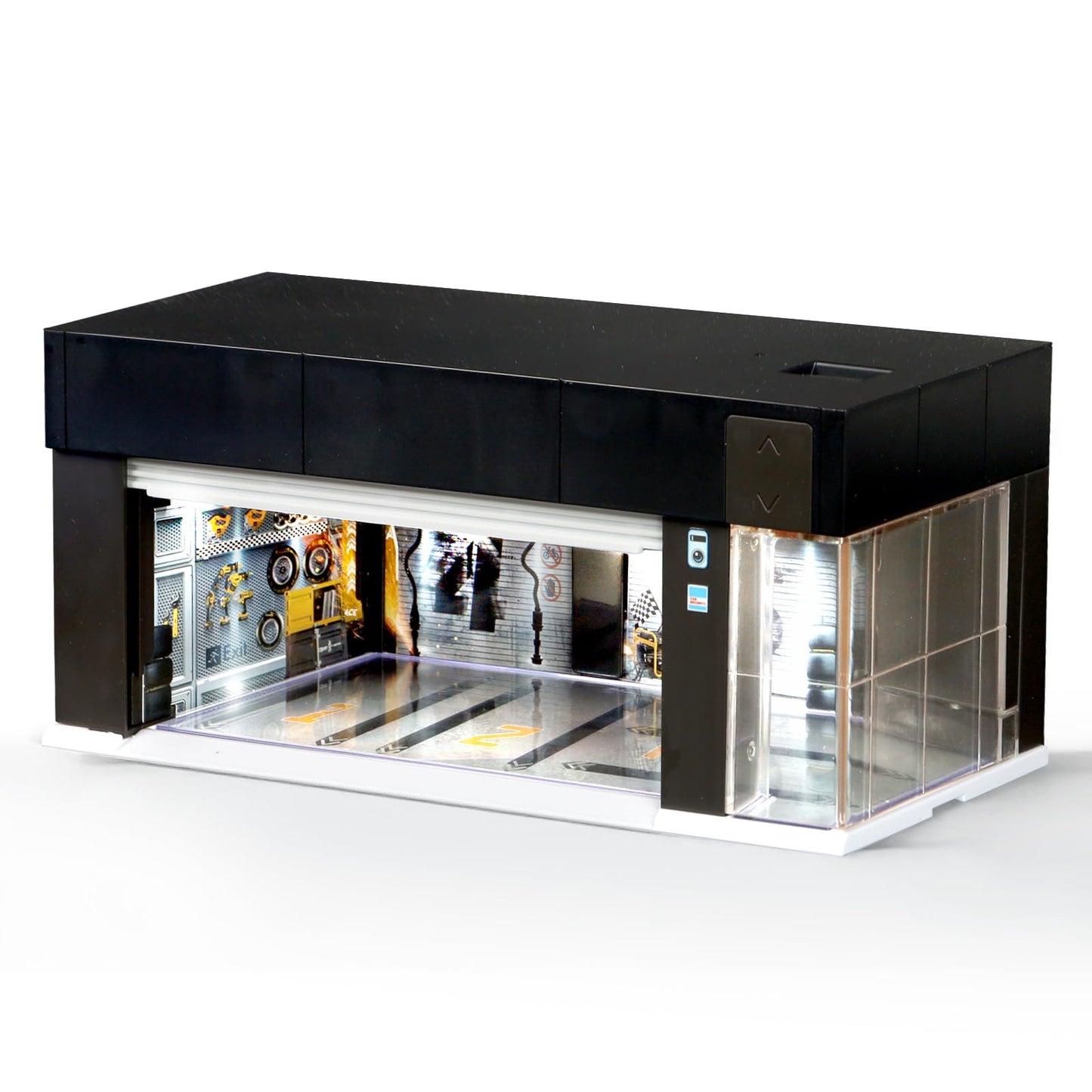 MOCBURIKU 1/64 Scale Diecast Display Case for Hot Wheel Storage with LED Lights, Stackable Electric Garage with Voice Control, 3 Replaceable 3D Scenes