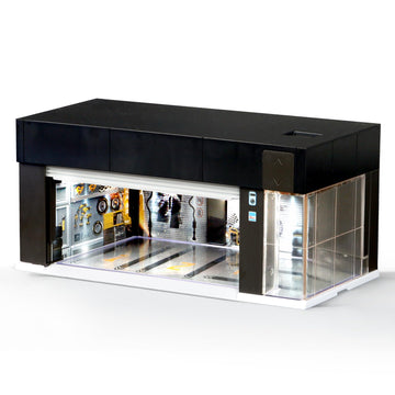 MOCBURIKU 1/64 Scale Diecast Display Case for Hot Wheel Storage with LED Lights, Stackable Electric Garage with Voice Control, 3 Replaceable 3D Scenes