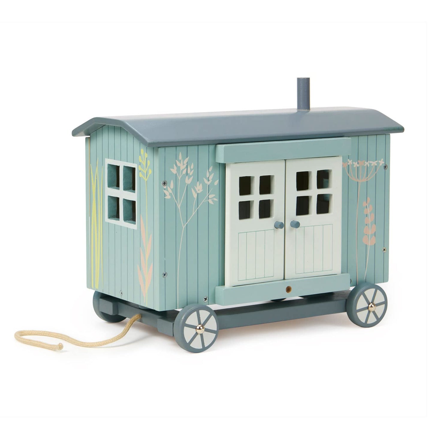 Tender Leaf Toys - Secret Meadow Shepherd’s Hut - Portable Furnished Wooden Shepherd’s Hut on Wheels with 11 Pcs Accessories and 3 Mice Dolls