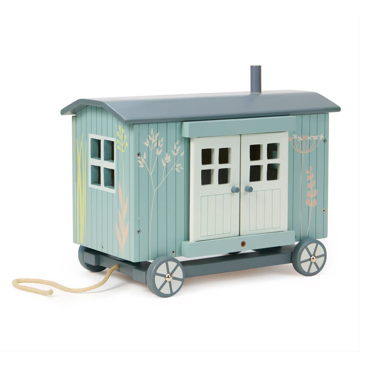 Tender Leaf Toys - Secret Meadow Shepherd’s Hut - Portable Furnished Wooden Shepherd’s Hut on Wheels with 11 Pcs Accessories and 3 Mice Dolls