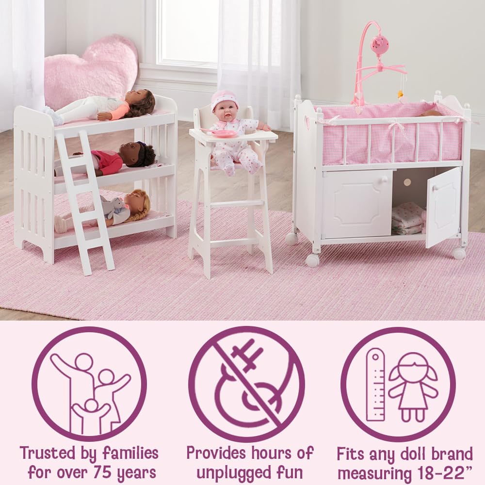 Badger Basket Doll Crib with Bedding, Storage Baskets, Mobile & Personalization Kit - Ideal Nursery Set for Dolls Up to 22 Inches, Best for Doll