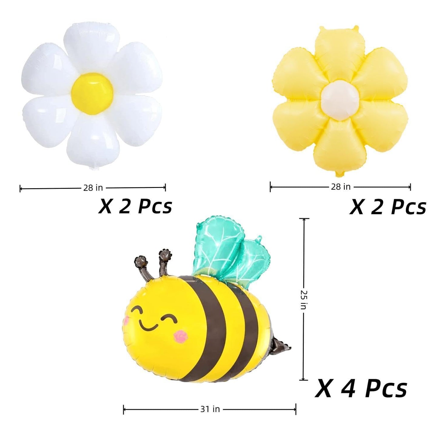 Bee Balloons and Daisy Flower Balloons - 8 Pcs Yellow and Black Bumble bee Foil balloons for Baby Shower, Bee Themed Birthday Party Decorations