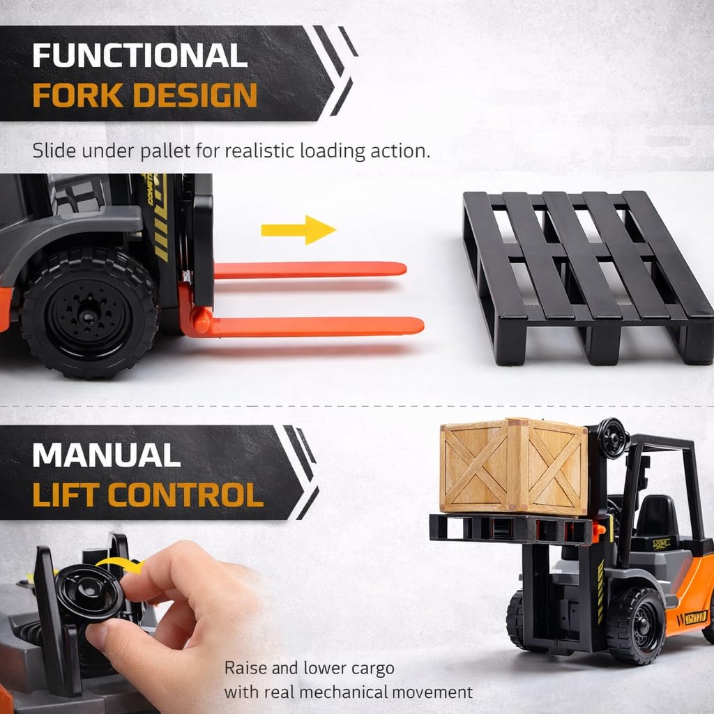 Liberty Imports Toy Forklift Truck with Pallet & Cargo - 1:22 Scale Friction Powered Wheels & Manual Lifting Control - Warehouse Lifting Vehicle