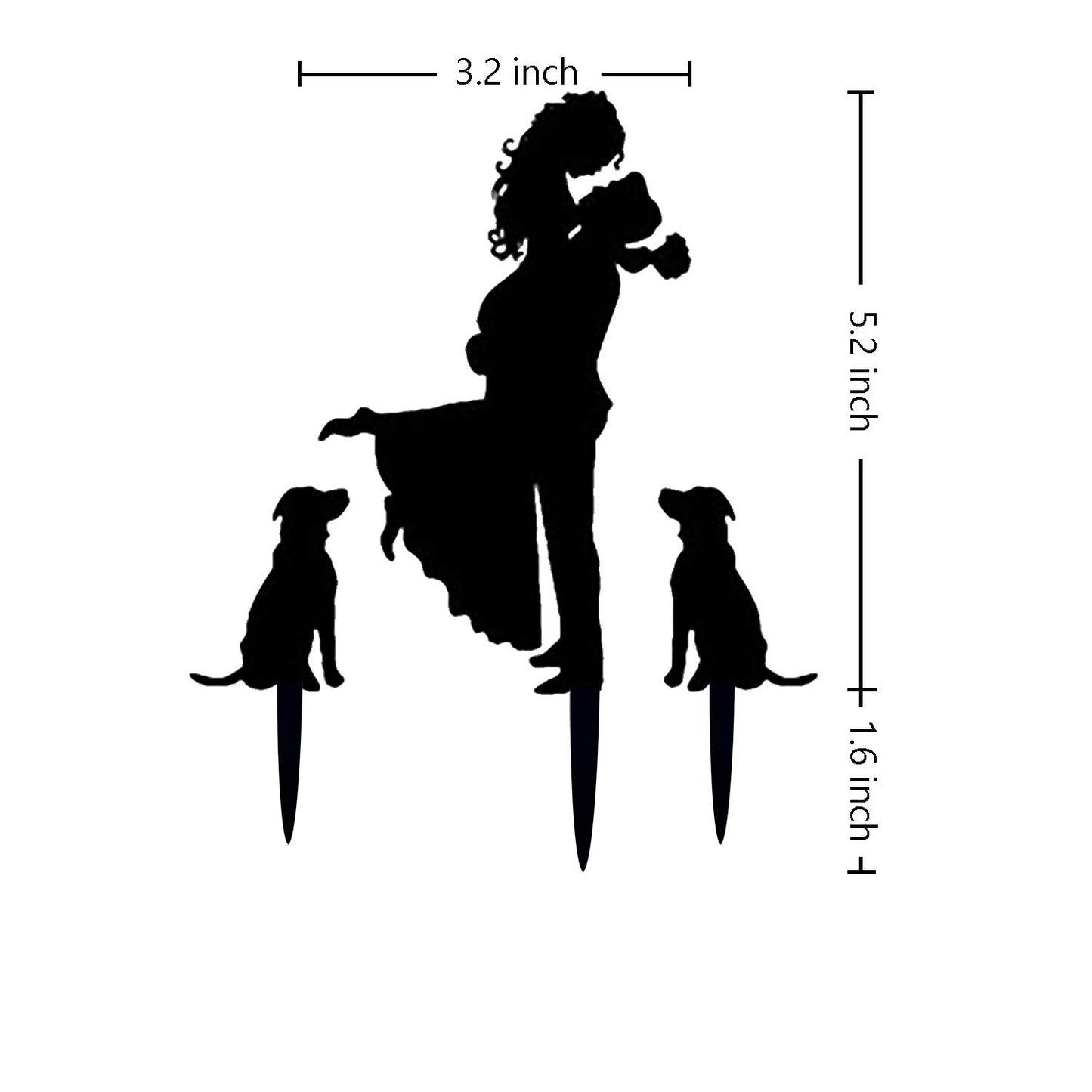 Wedding Cake Topper - Bride Hold Groom with Flowers Besides 2 Pet Dogs Silhouette Cake Decoration (Black)