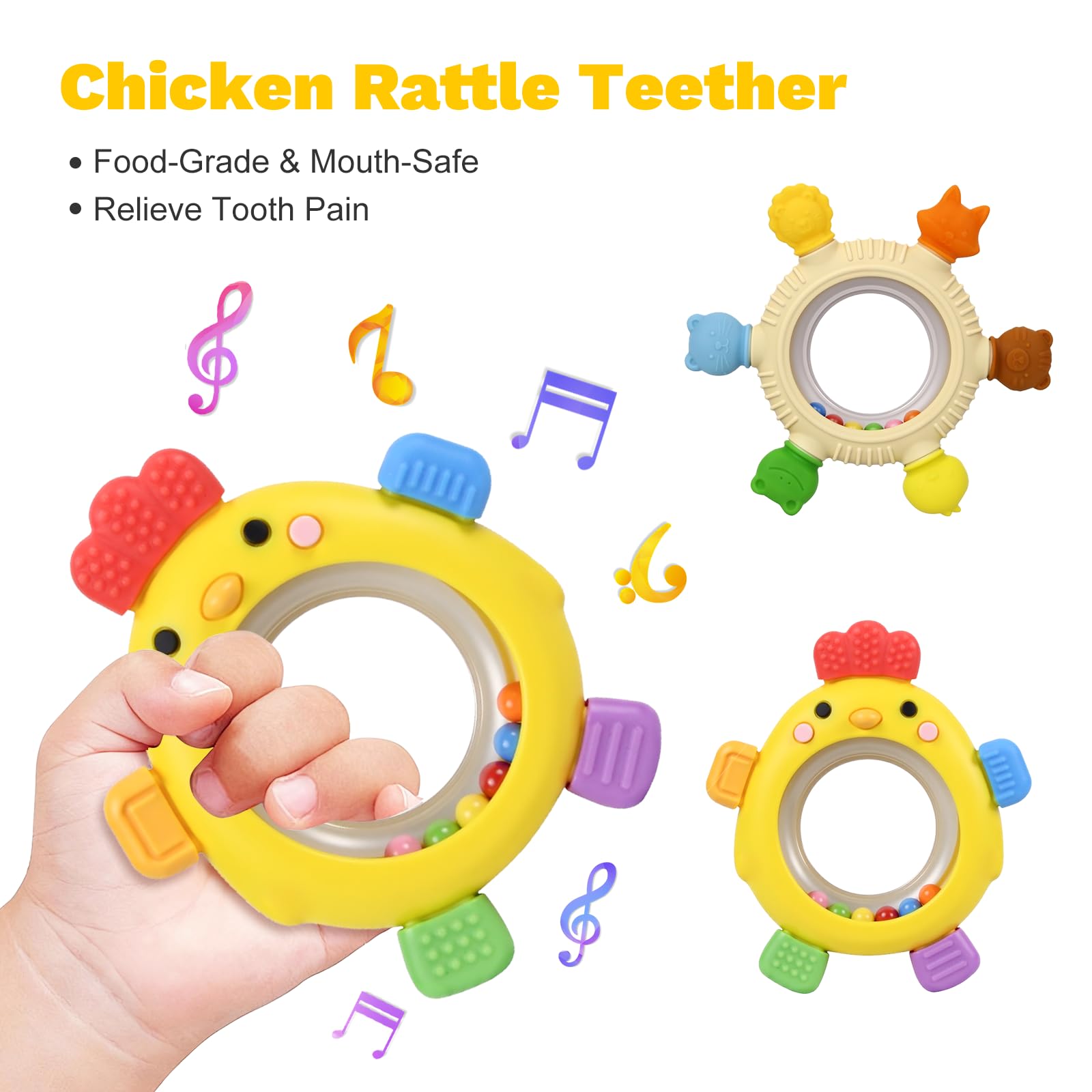 VISEWI 2 Pack Sensory Toys for Babies,Baby Teething Rings Toys for 0-6 6-12 Months Baby Rattle Teether Silicone Teether Relief Chew Soothing,BPA