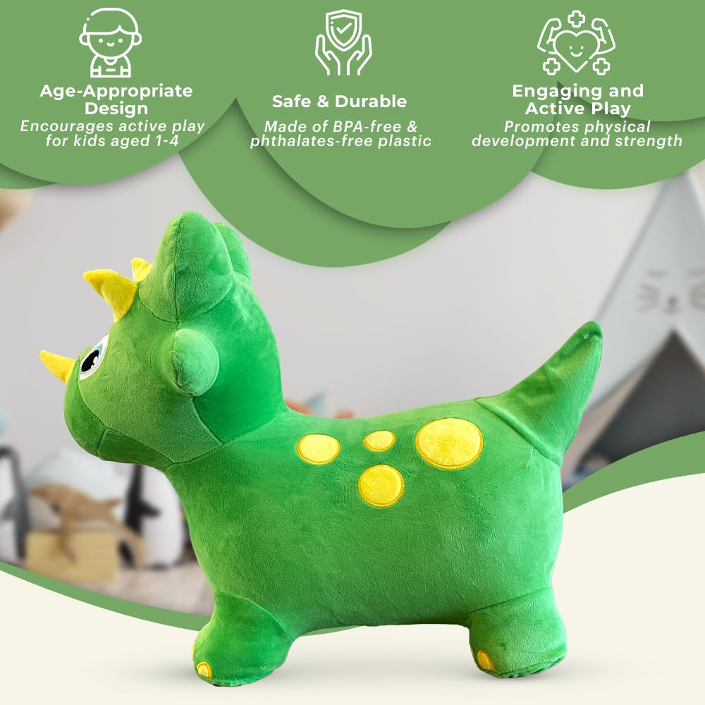Plush Green Dinosaur Bounce & Ride-on Inflatable Hopper Toddler Toy with Pump