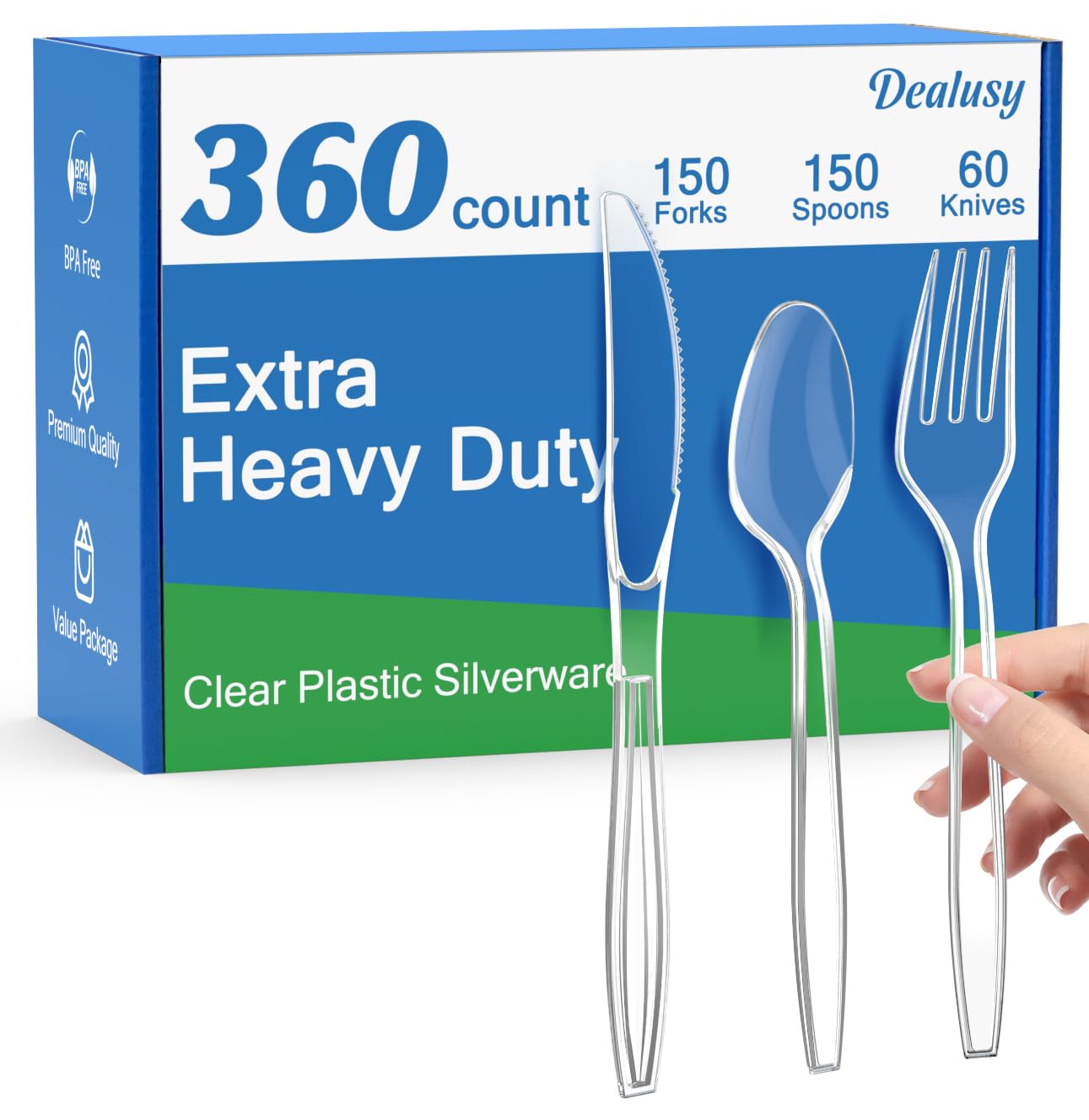 Dealusy 360 Count Extra Heavy Duty Clear Plastic Silverware, 150 Forks, 150 Spoons, 60 Knives, BPA-Free, Heat Resistant, Disposable Plastic Utensils