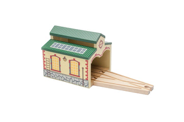 maxim enterprise, inc. Wooden Train Engine Shed, Multicolor Railway Shed Houses 2 Toy Engines, Wood Train Accessories with 2-Way Switching Track