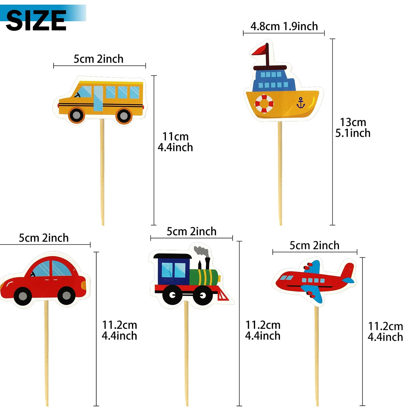 BIEUFBJI Transportation Cupcake Toppers 30 Pack Car Truck Train Airplane Ship Party Cake Toppers Picks for Kids Birthday Baby Shower Party Decorations
