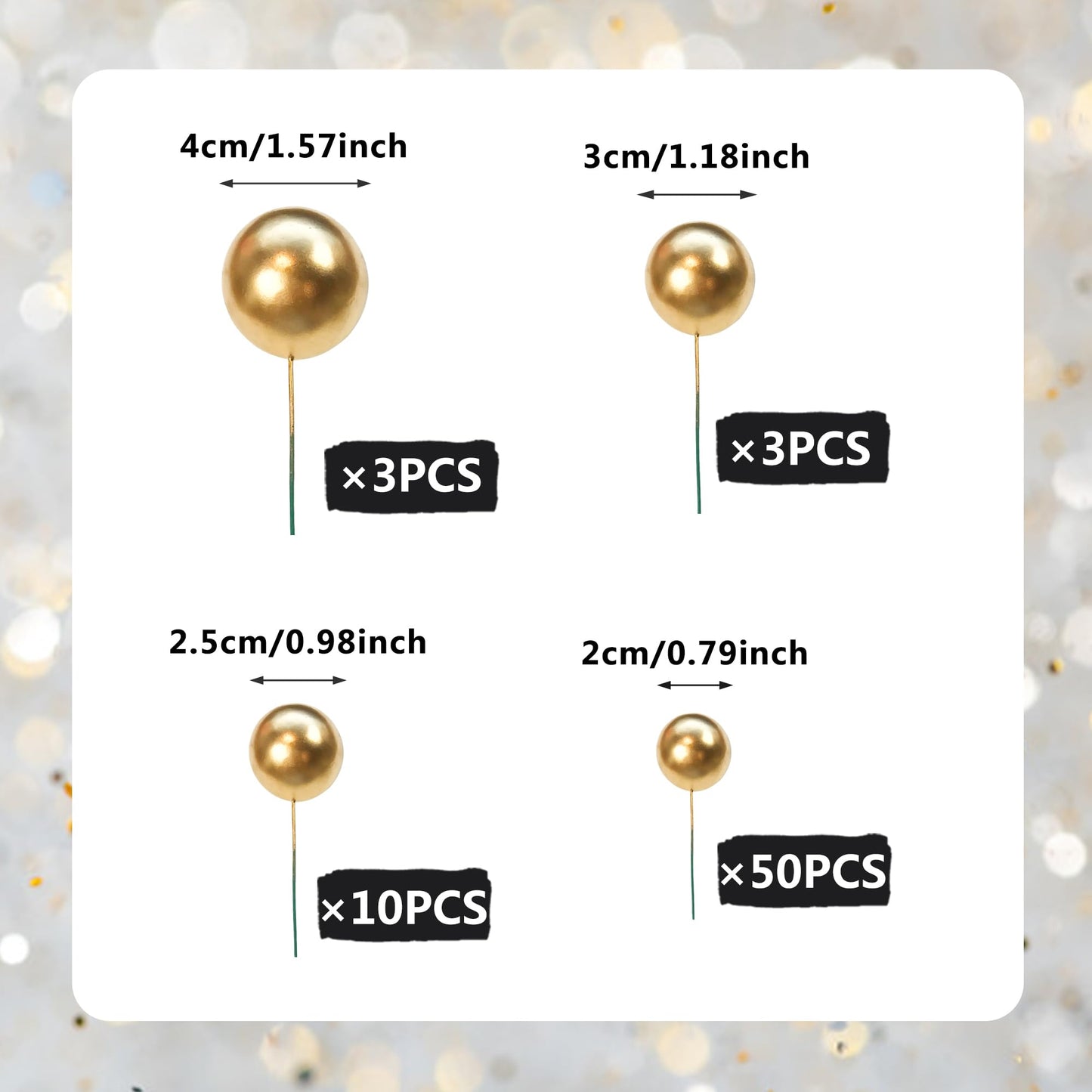 66 PCS Ball Cake Picks Gold 4 Sizes for DIY Baking Decoration Cupcake Toppers and Wedding Anniversary Birthday