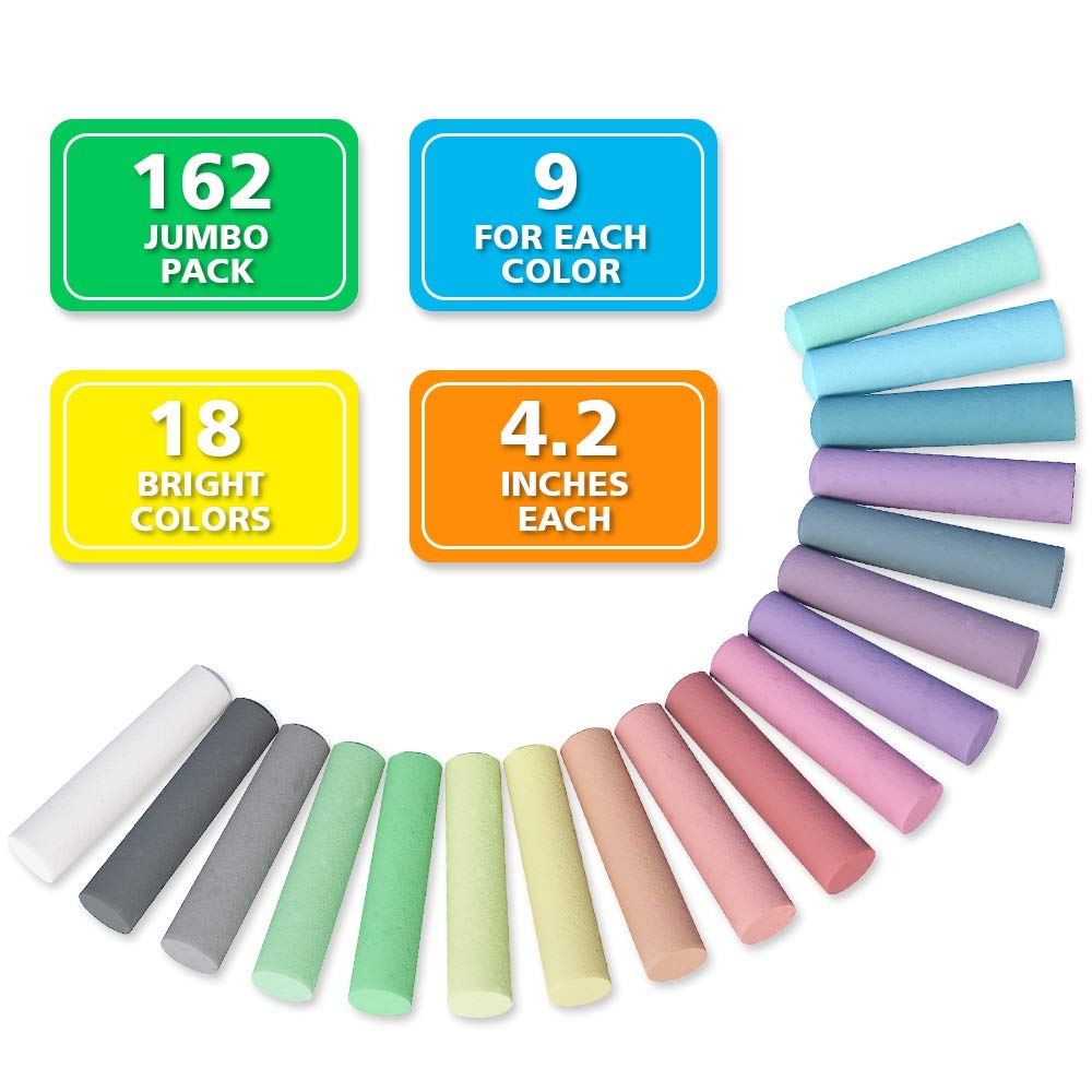feela Sidewalk Chalk, 162 Pack 18 Colors Sidewalk Chalk Set For Kids Jumbo Chalk Bulk, Great for Kids Family, Paint on Sidewalk Wall School Driveway