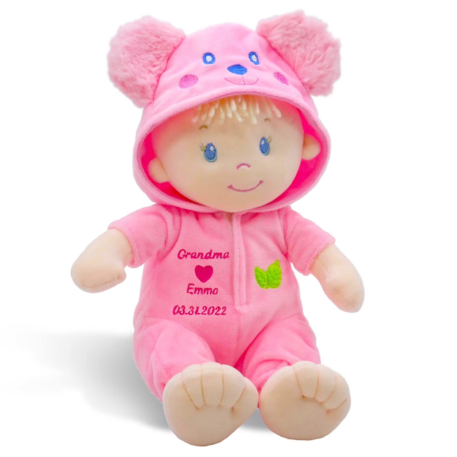 June Garden Personalized 12" Sweet Dolly Frida - Stuffed Ultra Soft Baby Bear Doll for Birth and Up with Custom Name, Date or Birth Weight