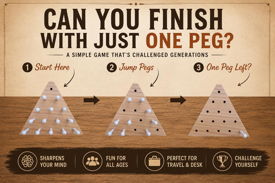 Wooden Peg Game - Solid Oak Triangle Brain Teaser Puzzle with 14 Pegs | Classic Travel Game
