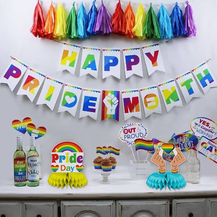 9PCS Pride Honeycomb Table Centerpiece Pride Day Decorations Rainbow Honeycomb Centerpiece LGBT Love is Love 3D Table Toppers Centerpiece Signs