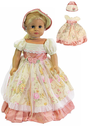 American Fashion World Pink Floral Colonial Dress for 18 Inch Dolls with Matching Bonnet