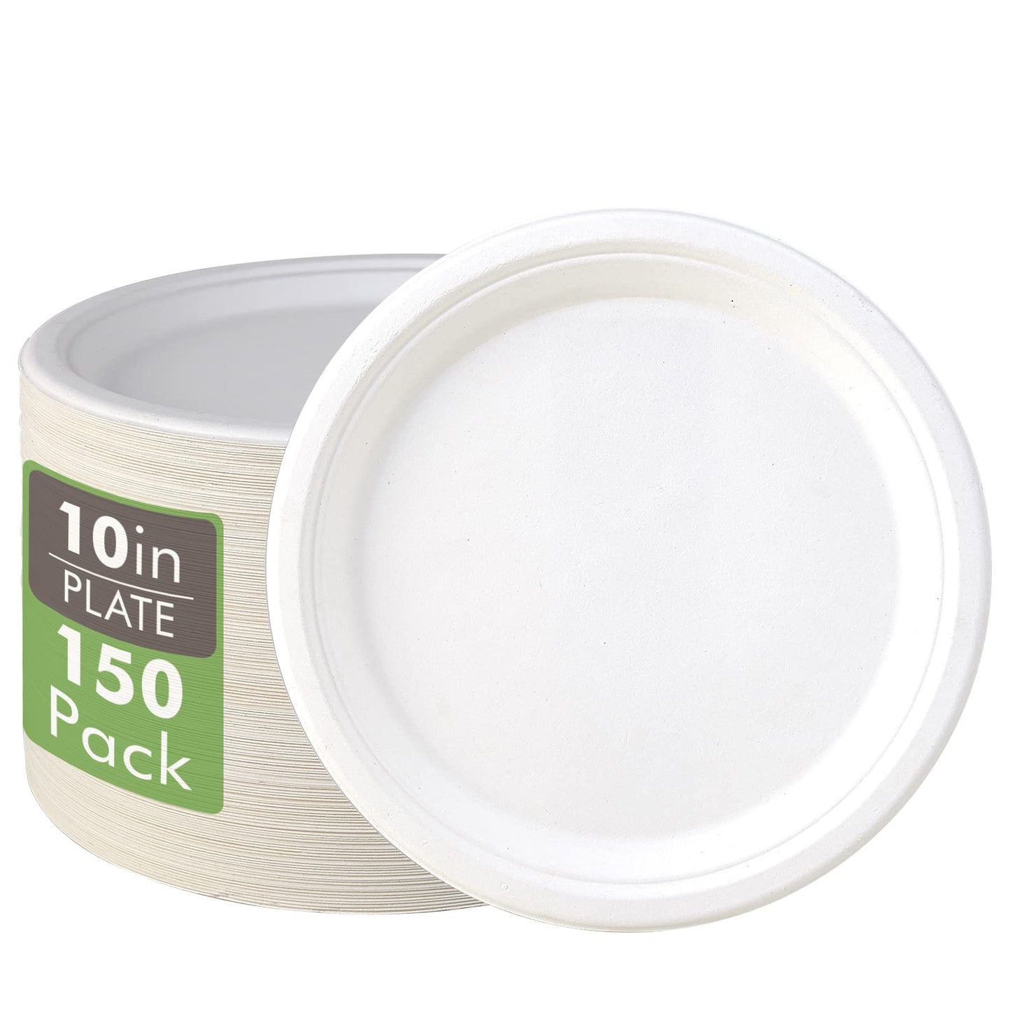Vplus 150 Pack Compostable Disposable Paper Plates 10.25 inch Super Strong Paper Plates 100% Bagasse Natural Biodegradable Eco-Friendly