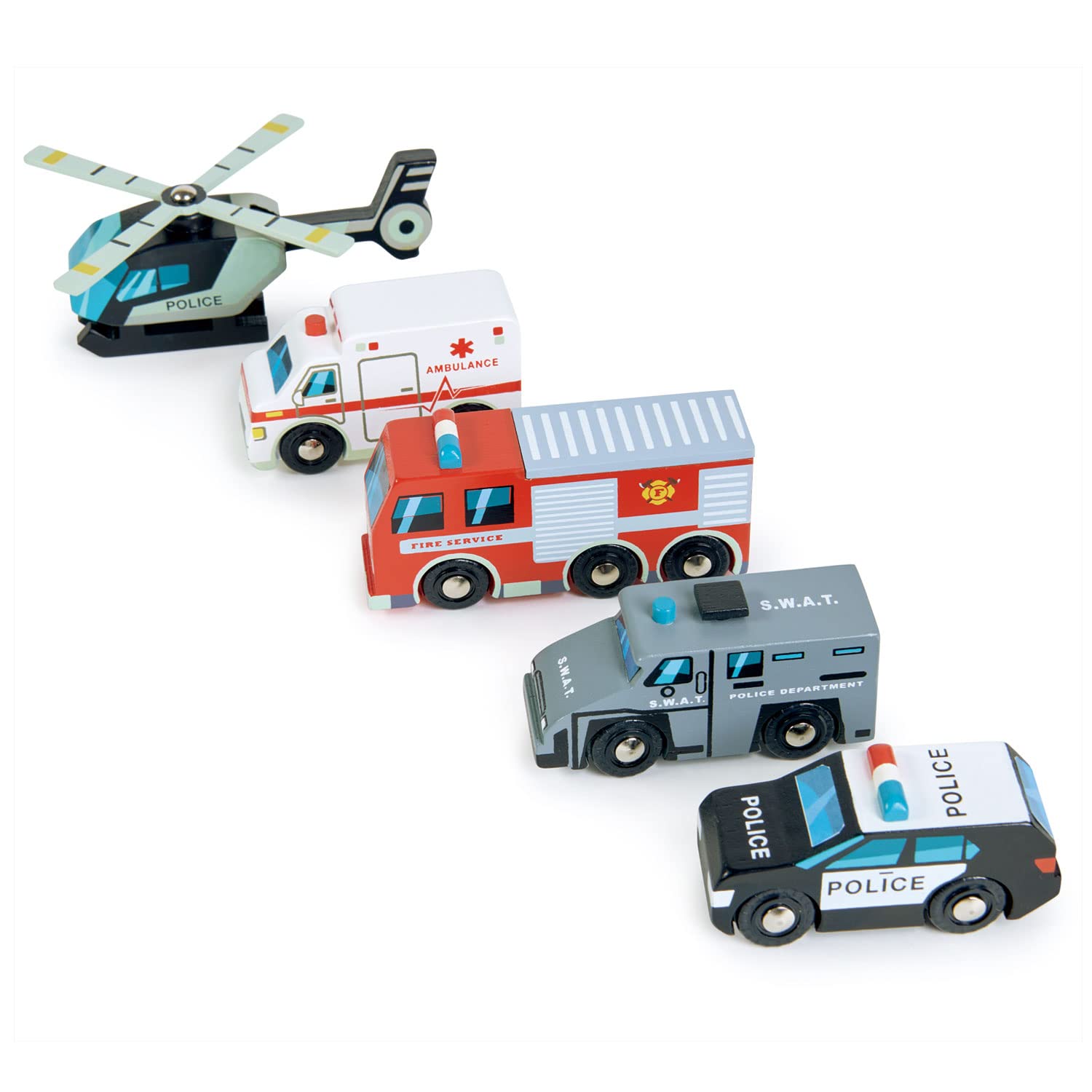 Tender Leaf Toys - Emergency Vehicles - 5 Wooden Rescue Vehicles with Moving Parts for Toddler Boys and Girls - Great Gift for Car Lovers