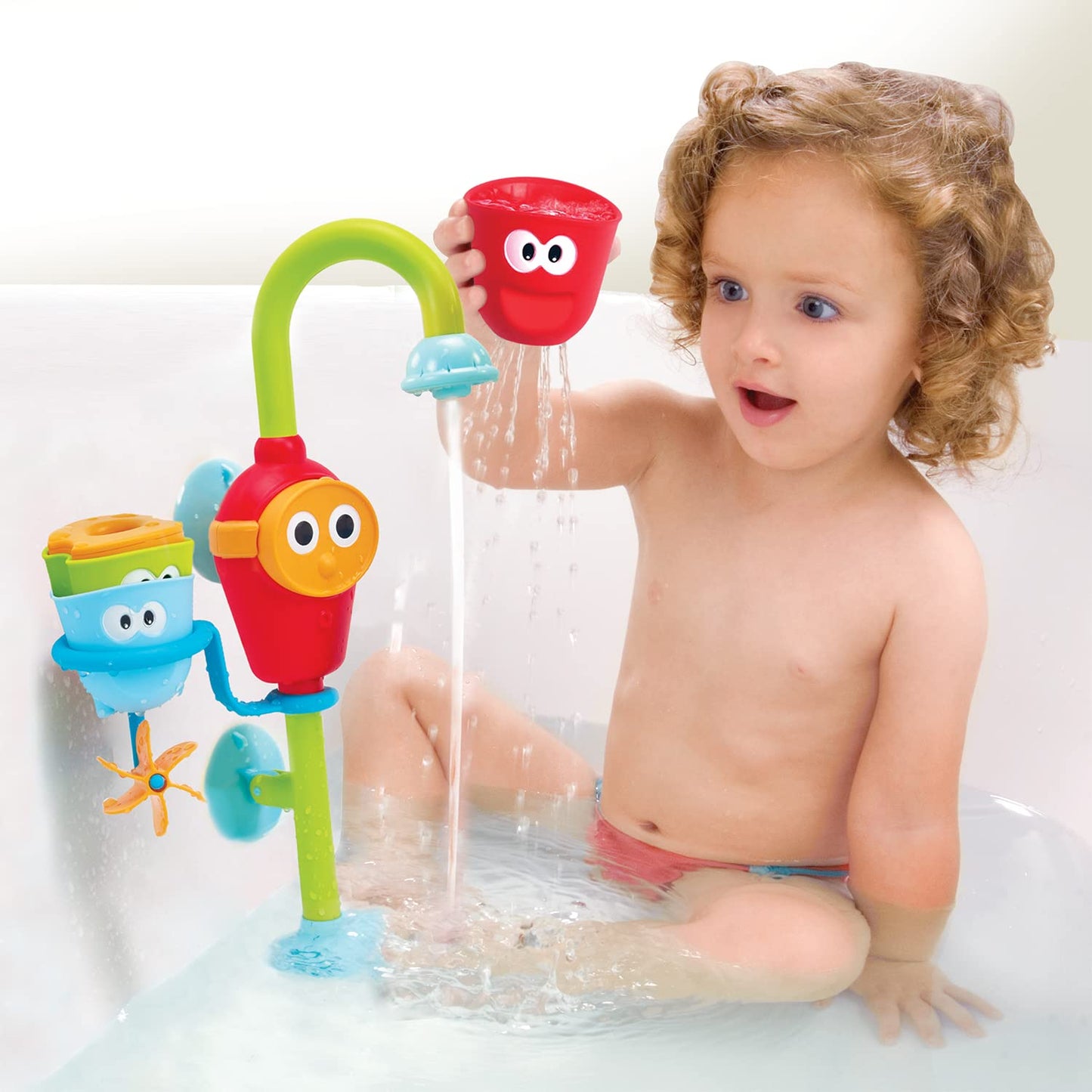 Yookidoo Toddler and Baby Bath Toy (Ages 1-3): Flow N Fill - 3 Stackable Play Cups - Battery Operated Interactive Hose Toy & Tumblers with Multiple
