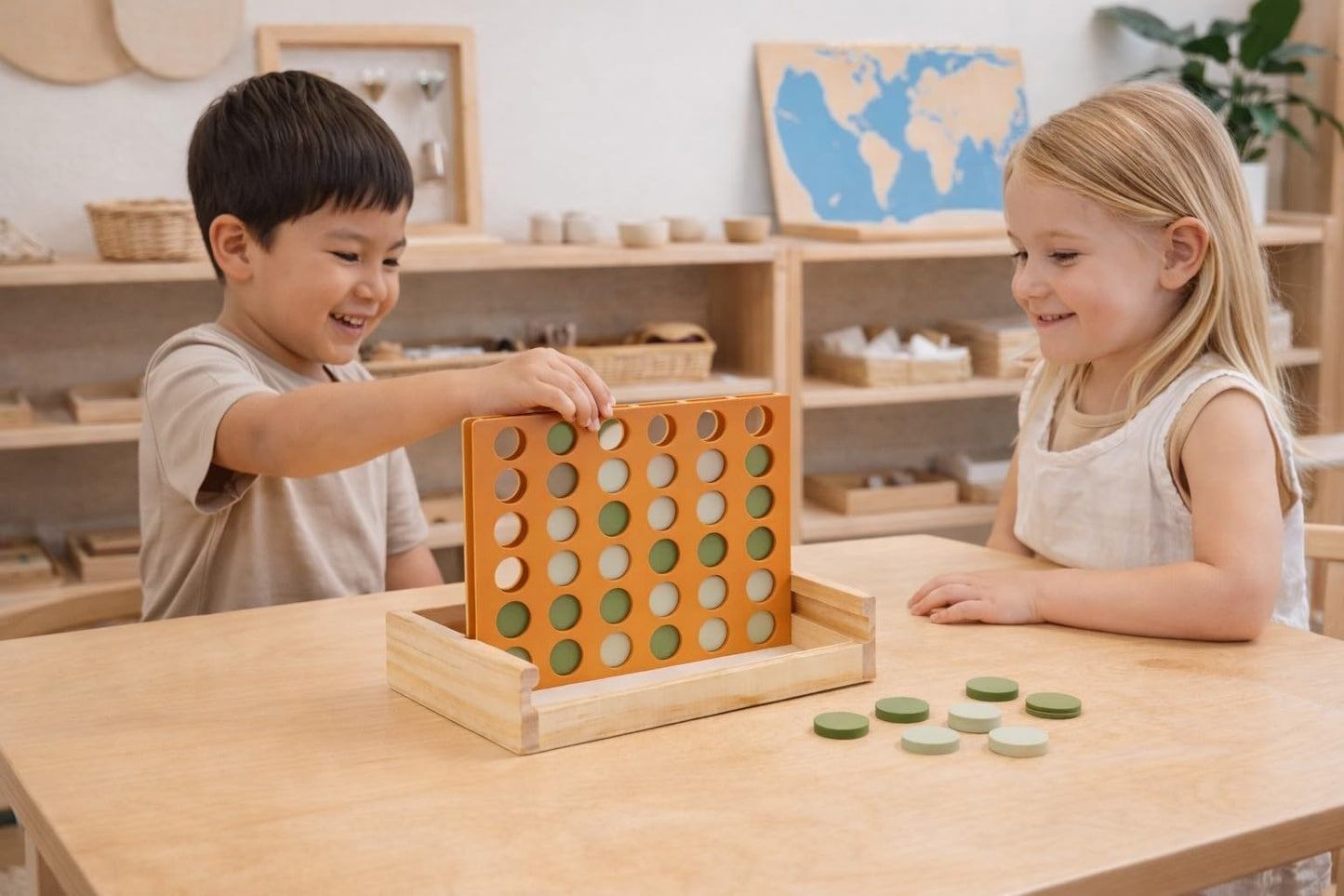 Neutral Wooden Four in a Row Game, Aesthetic Two Player Montessori Travel Board Game for Kids and Adults, Perfect Coffee Table Decor and Housewarming