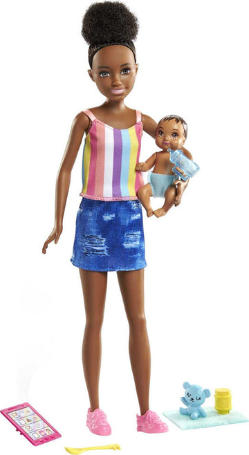 Barbie Skipper Babysitters Inc. Doll & Accessories Set with 9-in Brunette Doll, Baby Doll & 4 Storytelling Pieces for 3 to 7 Year Olds