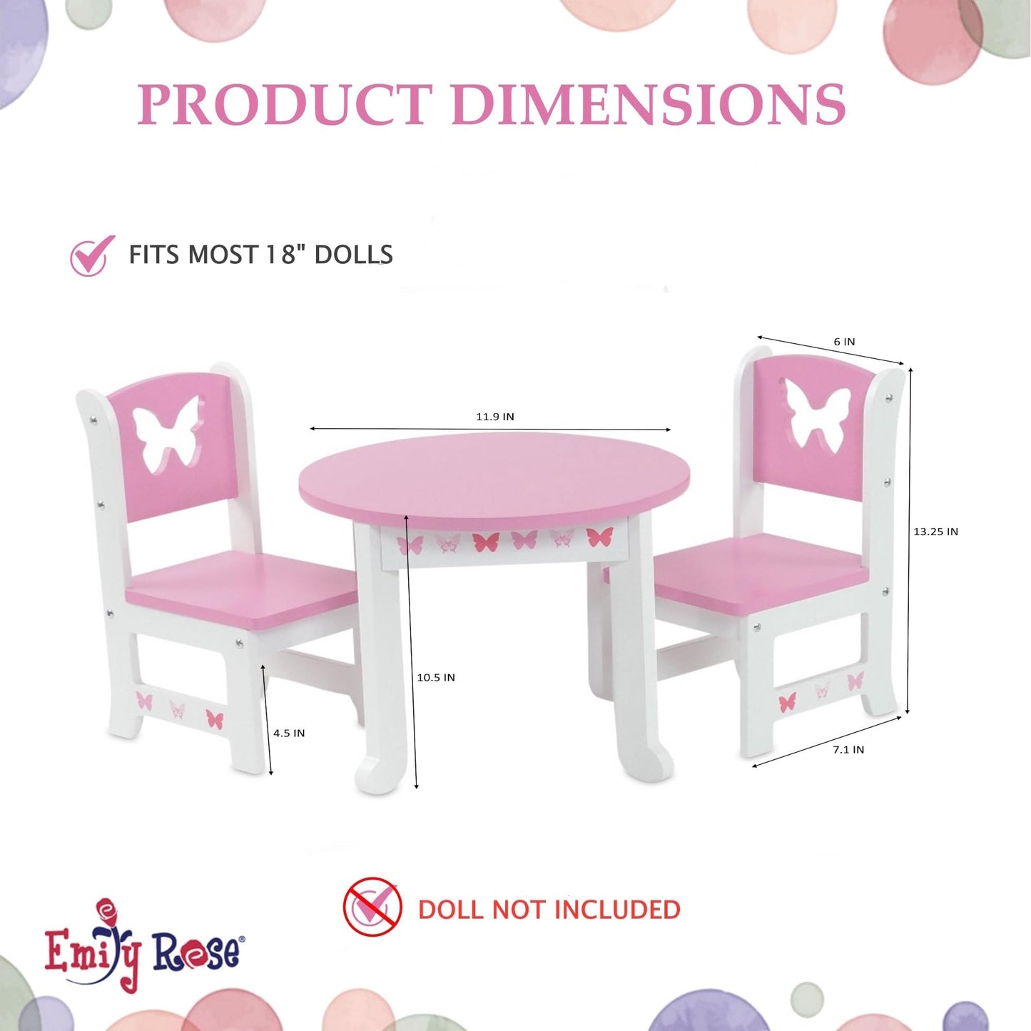 Emily Rose 18 Inch Doll Dining Table and 2 Chairs Set - Pink Butterfly Collection - Compatible with American Girl, Our Generation, My Life As & Adora