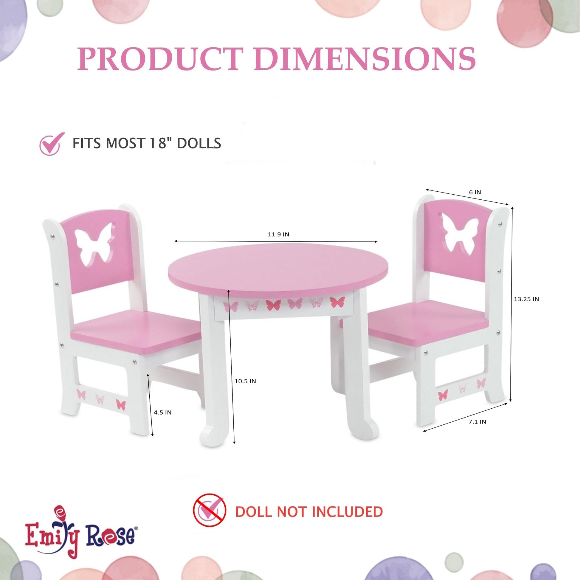 Emily Rose 18 Inch Doll Dining Table and 2 Chairs Set - Pink Butterfly Collection - Compatible with American Girl, Our Generation, My Life As & Adora