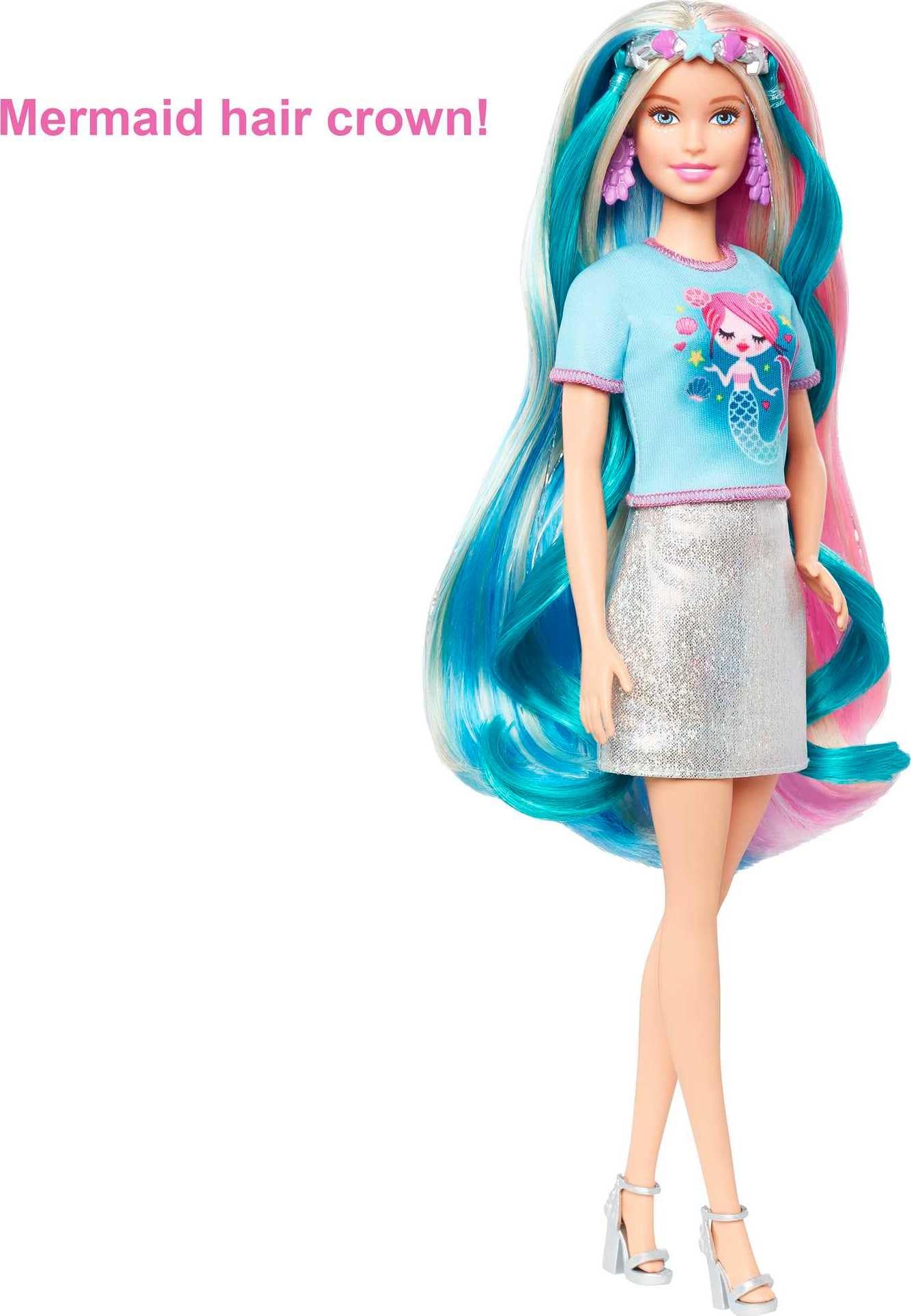 Barbie Fantasy Hair Doll, Blonde, with 2 Decorated Crowns, 2 Tops & Accessories for Mermaid and Unicorn Looks, Plus Hairstyling Pieces, for Kids 3 to