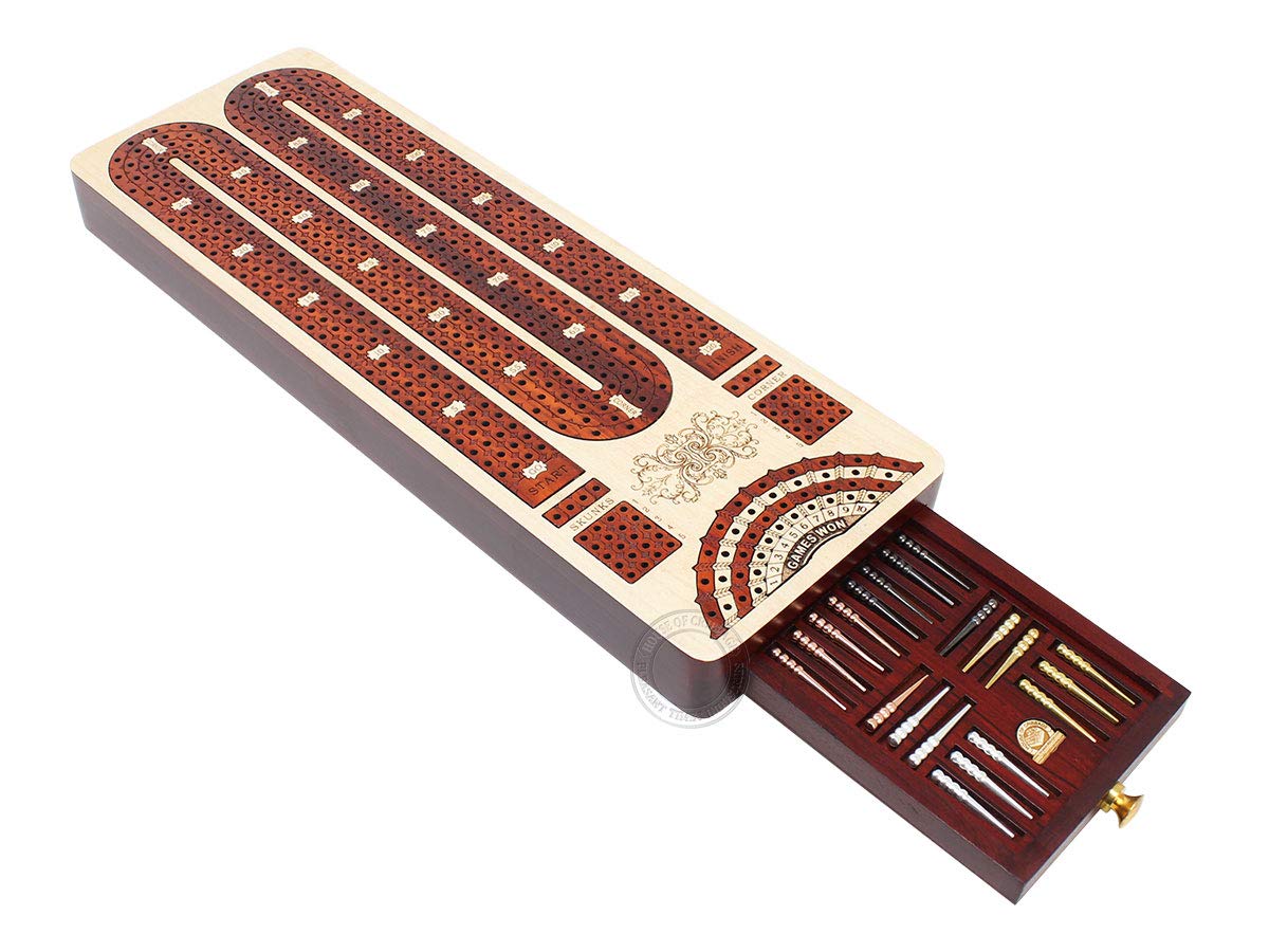 House of Cribbage - 4 Track Continuous Cribbage Board Inlaid in Bloodwood - Size: 13.5 Inches - Storage Drawer for Cribbage Pegs and Score Marking