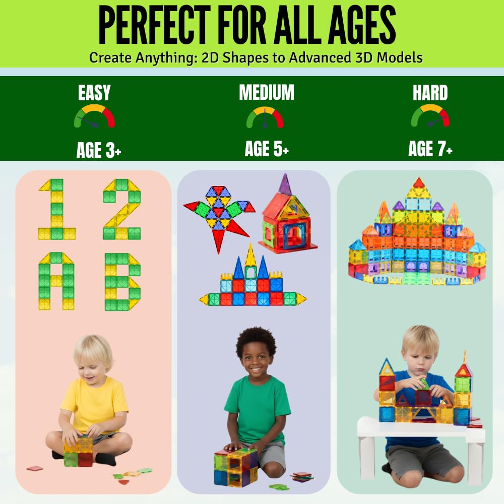 Little Vo Magnetic Tiles 100 pcs with 2 Cars, STEM Building Blocks for Kids, Educational Gift, Magnet Construction Toys for Toddlers, School Teacher