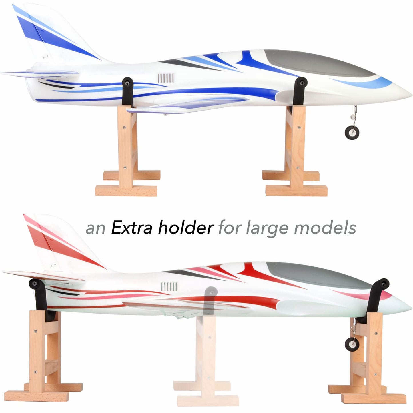 RCrabbit RC Airplane Stand, Solid Beech Wood Model Plane Display Holder, Adjustable Maintenance Cradle, Set of 2