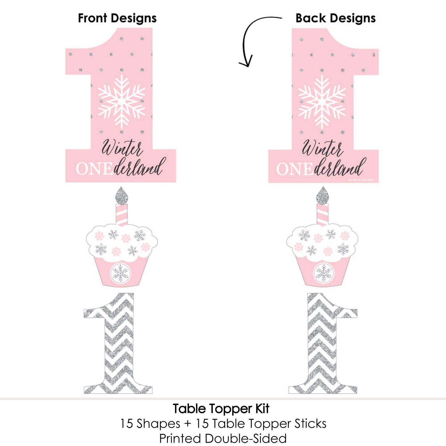 Big Dot of Happiness Pink Onederland - Snowflake Winter Wonderland First Birthday Party Centerpiece Sticks - Table Toppers - Set of 15