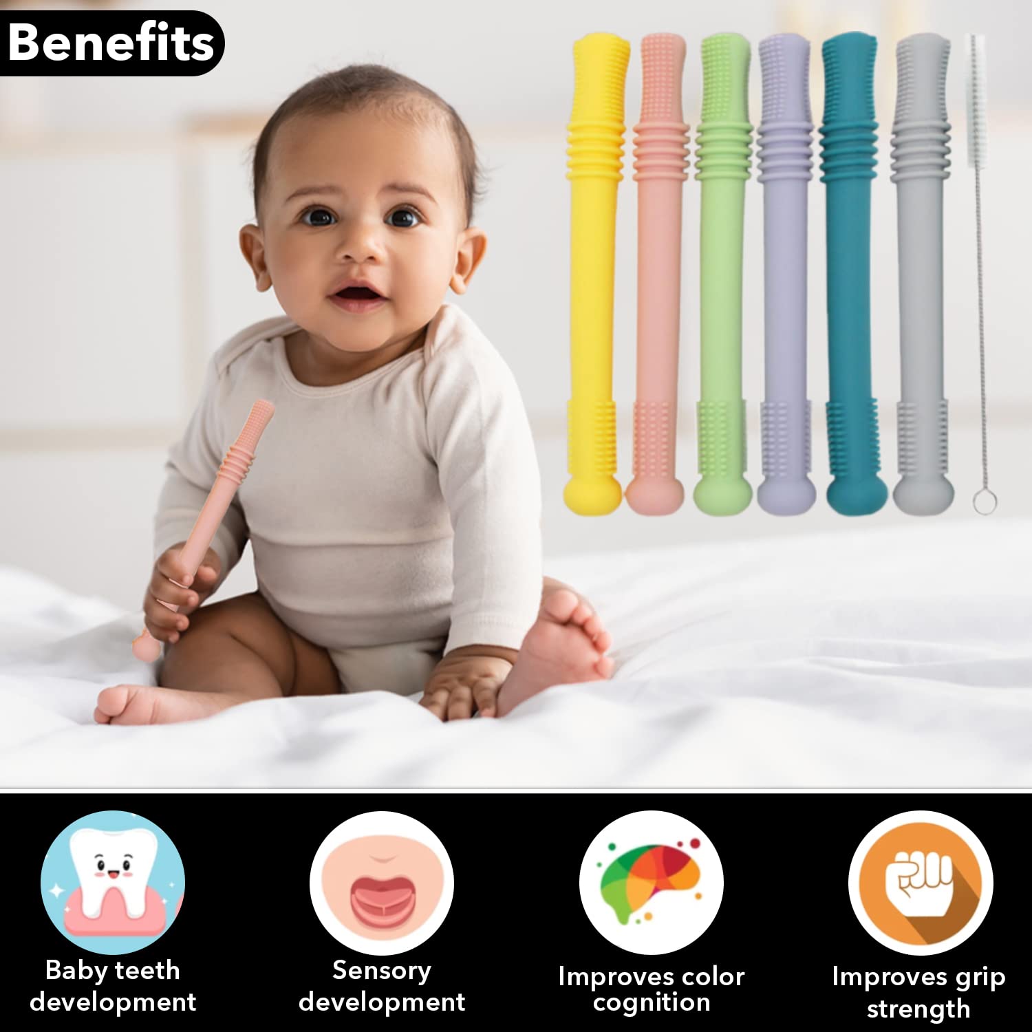 Gadgetime USA Hollow Stick Teether (Pack of 6) - Chew Straw Toy for Toddlers - Infant Silicone Tube - BPA Free, Freezer Safe, Dishwasher Safe, Easy
