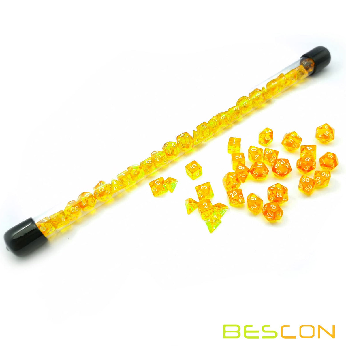 Bescon 28pcs Translucent Yellow Mini Polyhedral Dice Set in Tube, for Dungeons and Dragons RPG Dice 4X7pcs,Mini Gem Yellow Dice Set