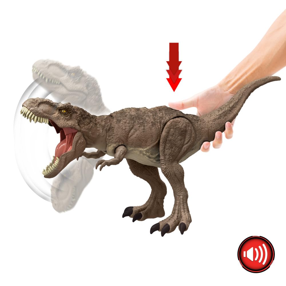 Mattel Jurassic World Chaos Theory All-Out Attack Tyrannosaurus Rex Dinosaur Action Figure Toy, T. rex with Rampage Attack, Chomp & Roar & Evolved
