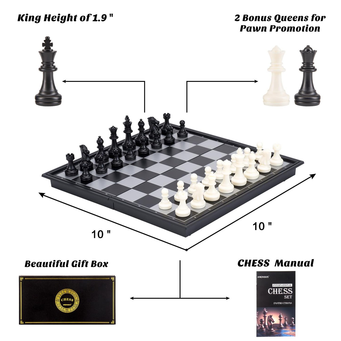 AMEROUS 10 Inches Magnetic Travel Chess Set with Folding Chess Board - 2 Extra Queens - Instructions for Beginner, Kids and Adults