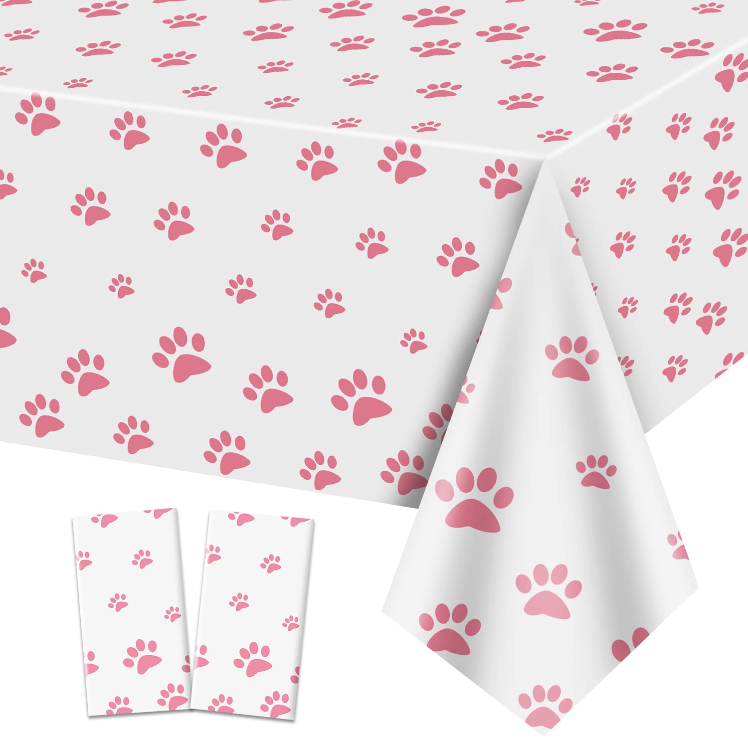 QUERICKY 2 Pack Puppy Paw Print Tablecloths, 51x87'' Plastic Disposable Table Cover for Pet Themed Party Decorations for Cat Dog Birthday Party