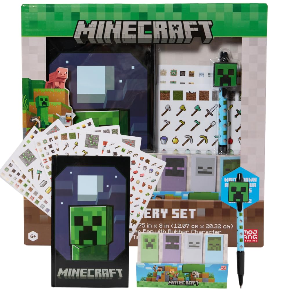 Innovative Designs Minecraft Stationery Set for Kids, Minecraft Journal, Stickers, Ballpoint Pen, Sticky Tabs, 60 Lined Pages