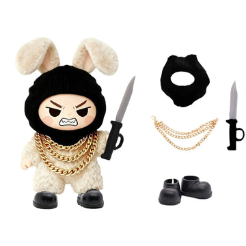 Clothes for 17cm Dolls, Cool Style 4 Pcs Set Including Black Face Head Cover, Hand-Held Toy, Shoes and Three-Layer Necklace Fashion Outfit