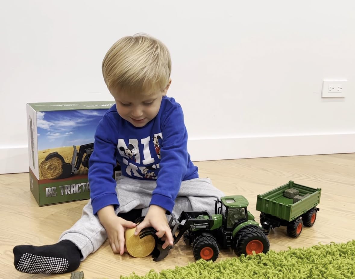 Remote Control Tractor Toys for Boys | Metal Hood & 8 Rubber Tires, 1:24 Scale 2.4 GHz RC Truck Farm Vehicle Playset with Detachable Trailer, Front