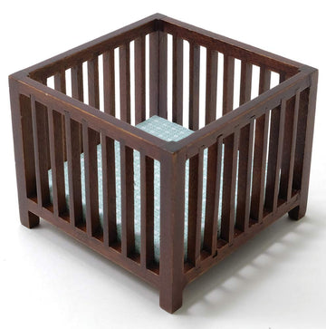 Dollhouse Miniature Walnut Slatted Play Pen with Blue Fabric