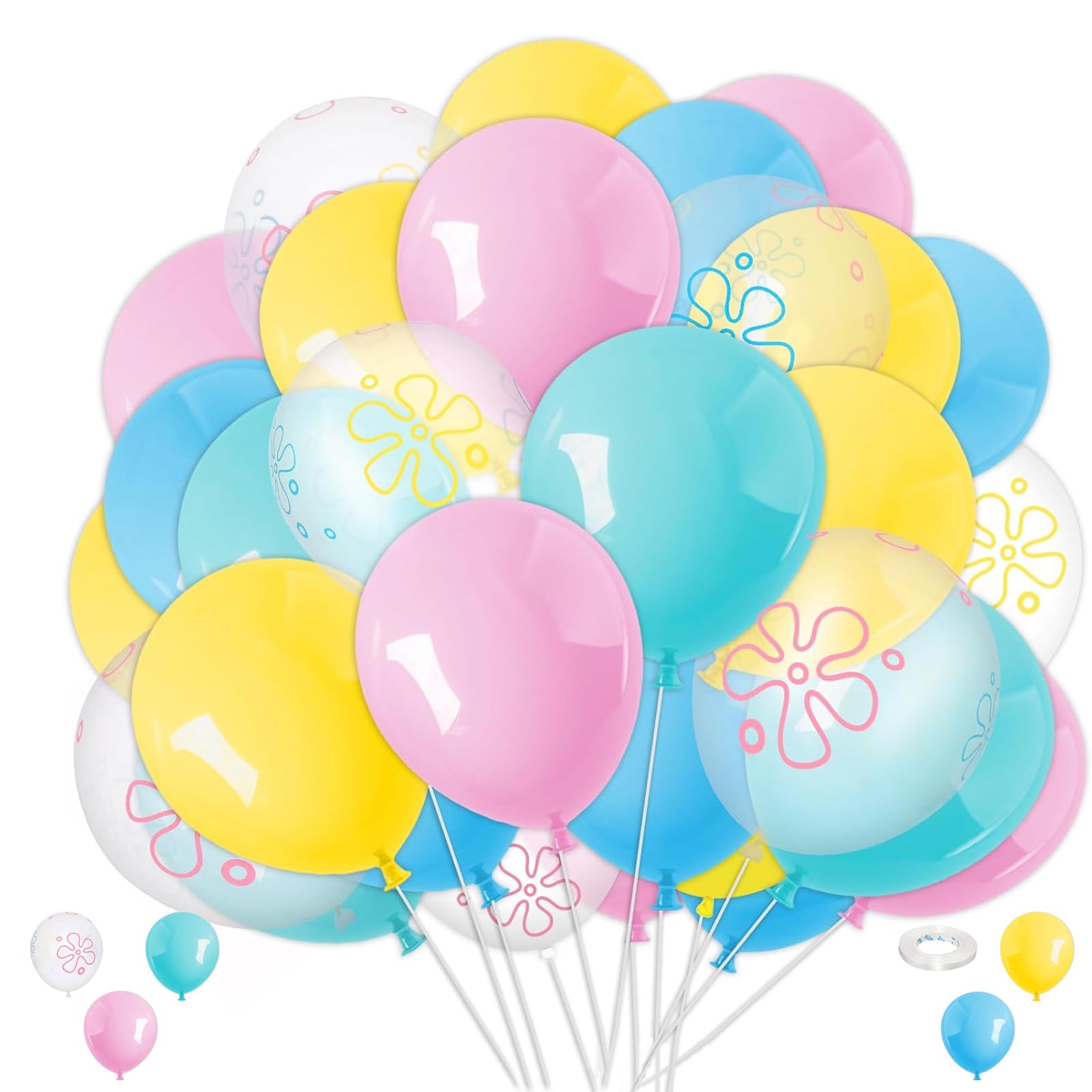 65Pcs Ocean Themed Balloon Kit - Sponge Balloons 12 Inch with Under the Sea Prints And 20m Ribbon for Birthday, Summer, Sponge Party And Balloon Arch