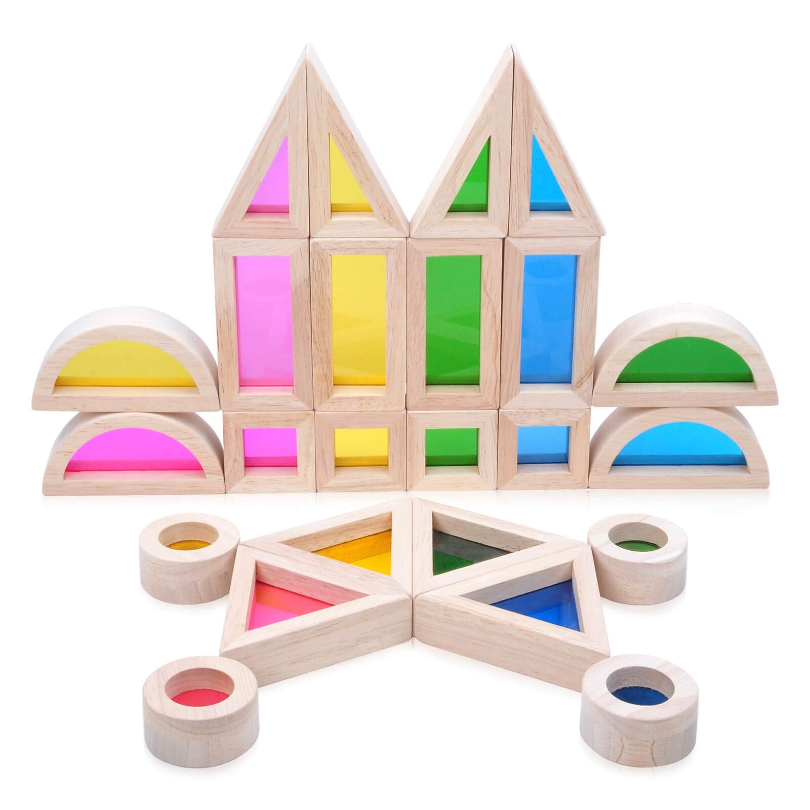 JOLKID Wooden Building Blocks with Rainbow Acrylic Windows - 24pc Classic Montessori Stacking Set - Screen-Free Educational STEM Construction Toys