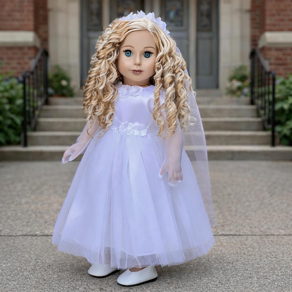 Little Angel - 5 Piece First Communion Outfit for 18 Inch Dolls - White Satin Dress, Long Veil, Crown, Gloves & White Shoes - Complete Doll Communion