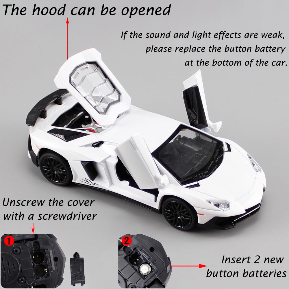 White Lambo Aventador Toy Car Model Pull Back Vehicles Diecast with Light & Sound