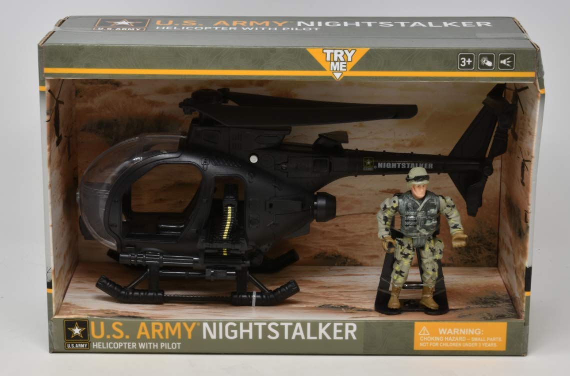 US Army Night Stalker Black Military Action Combat Attack Helicopter Toy with Pilot Soldier Figure, Light and Sound Army Copter for Boys, Kids